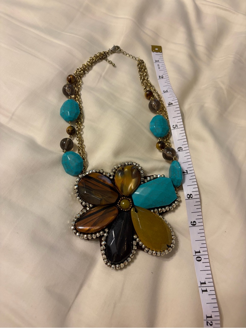 EUC Statement Turquoise & Amber Flower Pendant Necklace